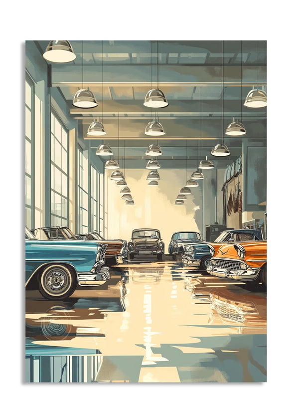 Vintage car showroom with classic cars on a reflective floor, as a premium aluminum metal print from GoMetalPrint.
