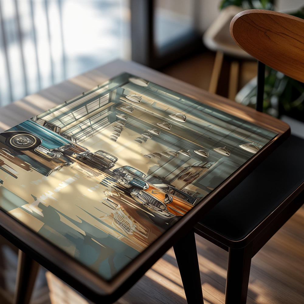 Vintage car showroom with classic cars on a reflective floor, as a premium aluminum metal print from GoMetalPrint.

