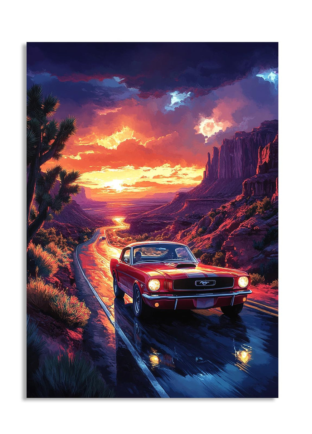 Red car on a desert road at sunset with dramatic sky, as a premium aluminum metal print from GoMetalPrint.
