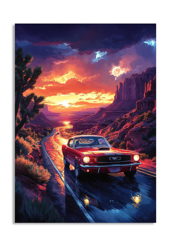 Red car on a desert road at sunset with dramatic sky, as a premium aluminum metal print from GoMetalPrint.
