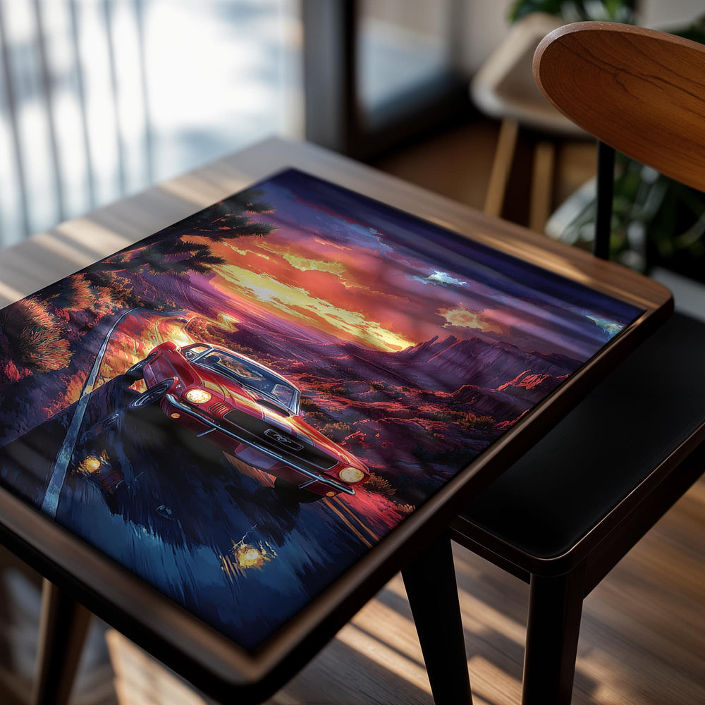 Red car on a desert road at sunset with dramatic sky, as a premium aluminum metal print from GoMetalPrint.

