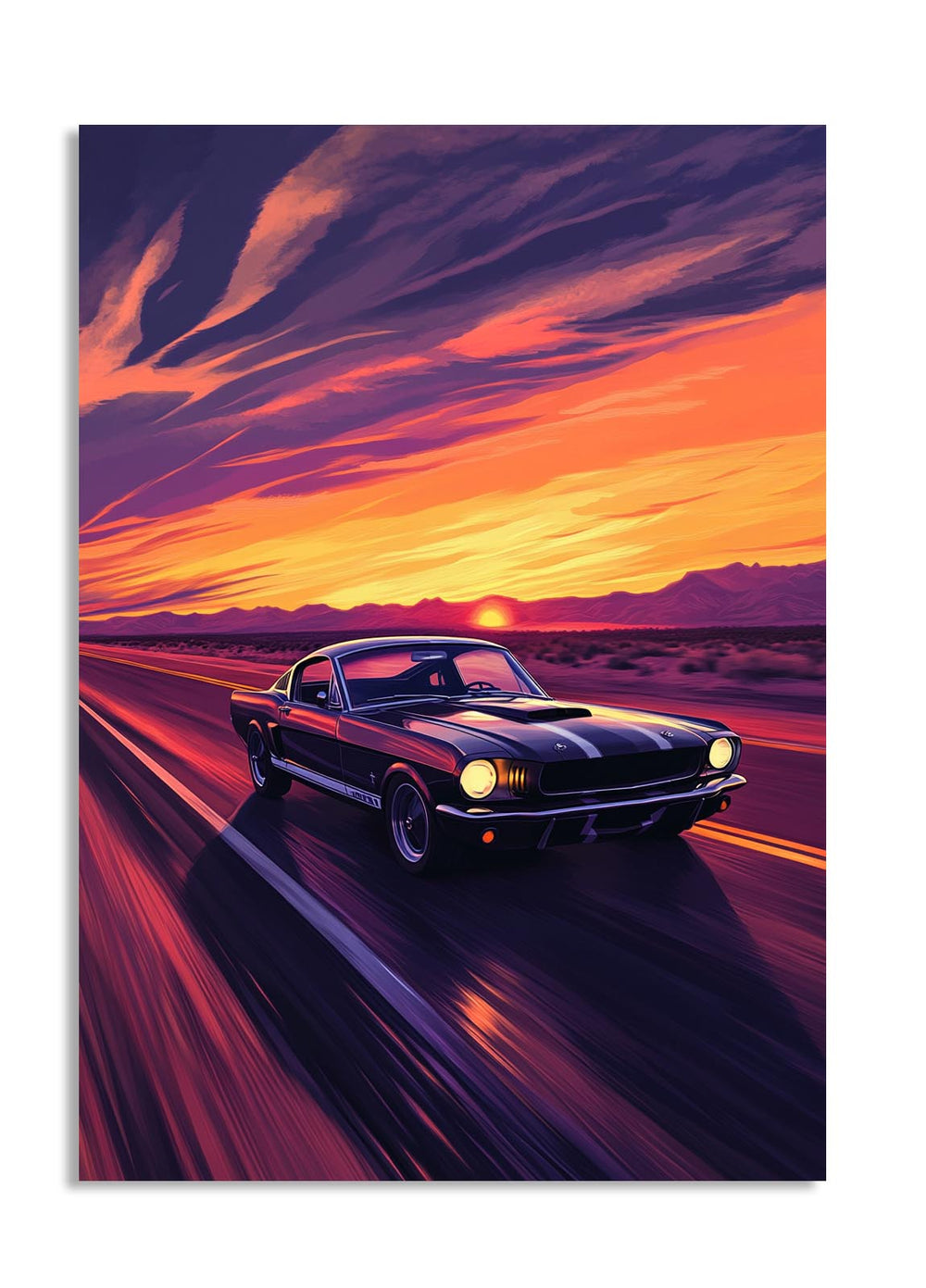Muscle car on a road with a vibrant sunset sky, as a premium aluminum metal print from GoMetalPrint.

