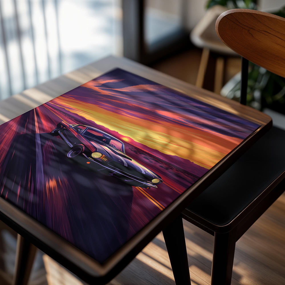 Muscle car on a road with a vibrant sunset sky, as a premium aluminum metal print from GoMetalPrint.
