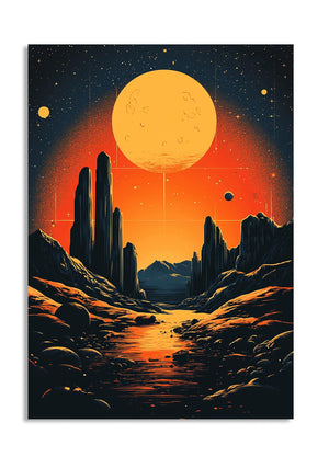 Artistic depiction of a desert landscape with cacti under a large orange sun, as a premium aluminum metal print from GoMetalPrint.
