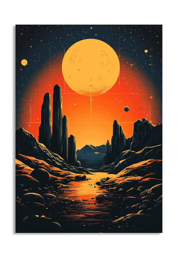 Artistic depiction of a desert landscape with cacti under a large orange sun, as a premium aluminum metal print from GoMetalPrint.
