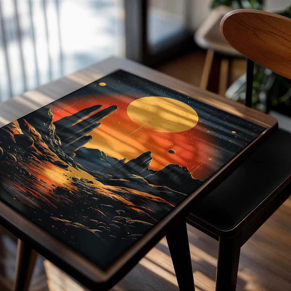 Artistic depiction of a desert landscape with cacti under a large orange sun, as a premium aluminum metal print from GoMetalPrint.
