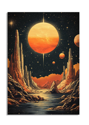 Artistic depiction of a desert landscape with a large orange planet in the sky, as a premium aluminum metal print from GoMetalPrint.
