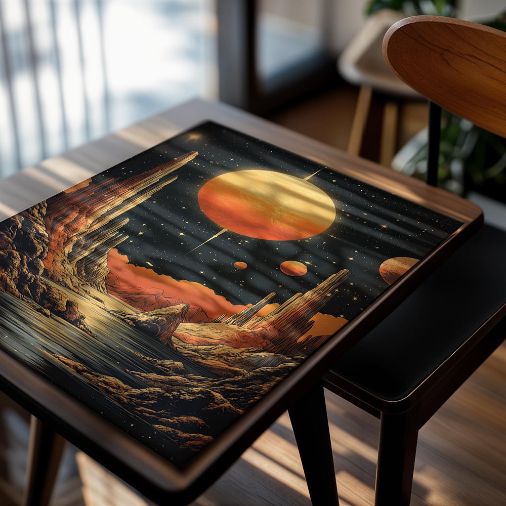 Artistic depiction of a desert landscape with a large orange planet in the sky, as a premium aluminum metal print from GoMetalPrint.
