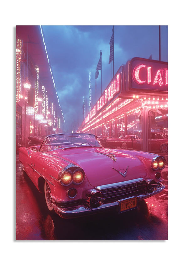 Vintage pink car on a city street with neon lights and a 'CIA' sign, as a premium aluminum metal print from GoMetalPrint.
