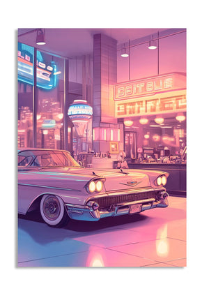 Vintage car in a neon-lit diner interior, as a premium aluminum metal print from GoMetalPrint.
