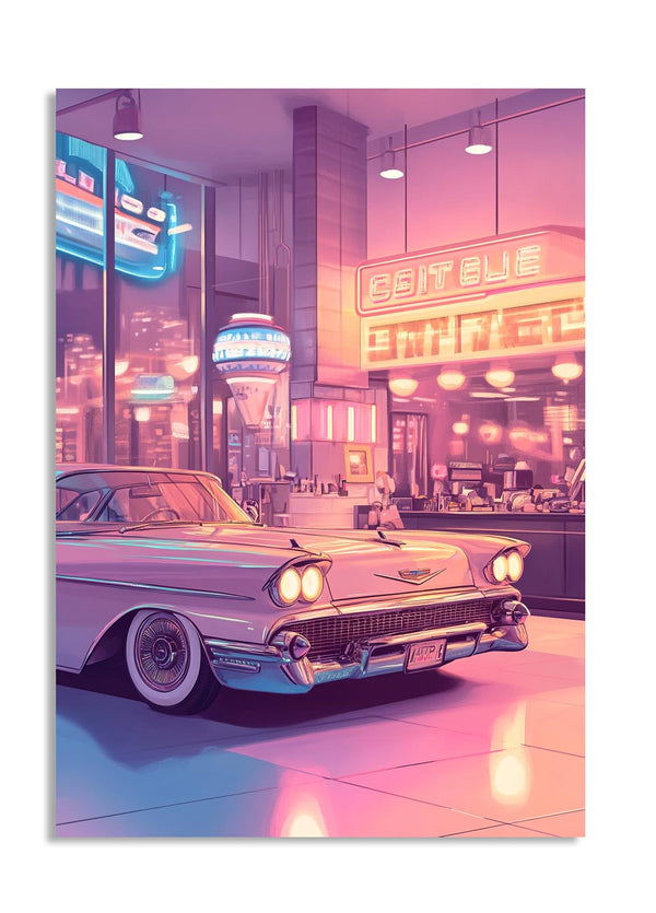 Vintage car in a neon-lit diner interior, as a premium aluminum metal print from GoMetalPrint.
