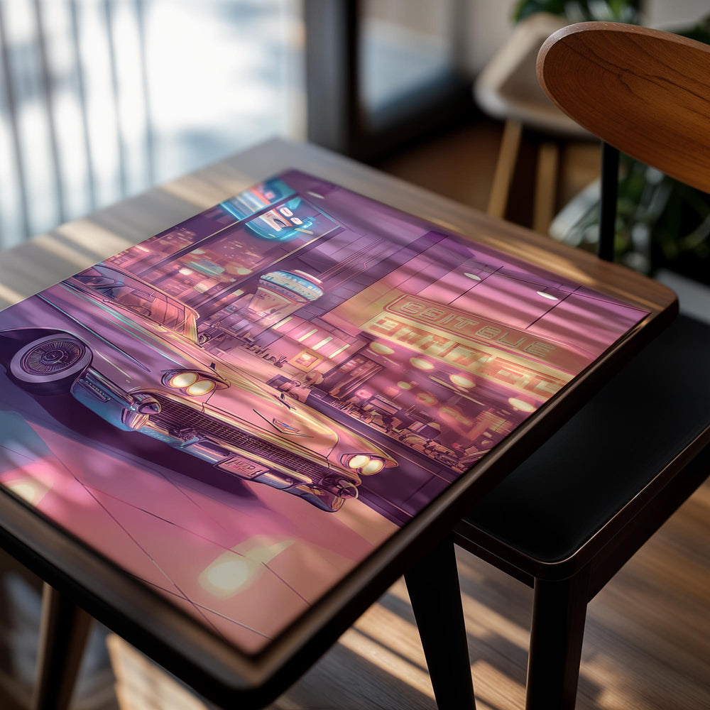 Vintage car in a neon-lit diner interior, as a premium aluminum metal print from GoMetalPrint.
