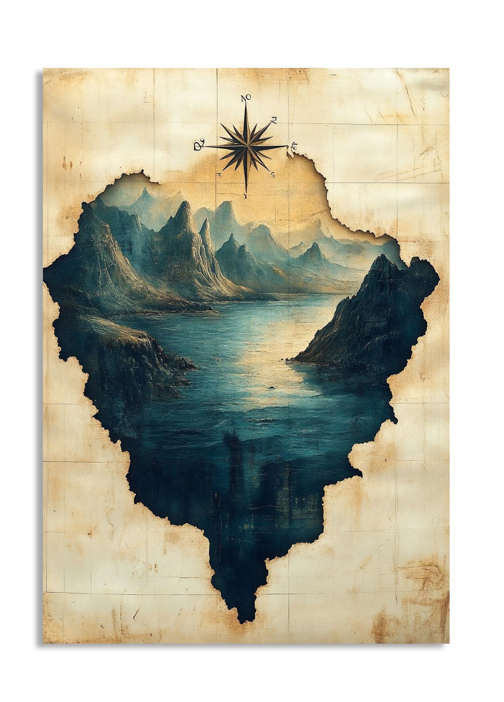 Map of a mountainous landscape with a lake and a compass on a textured background, as a premium aluminum metal print from GoMetalPrint.
