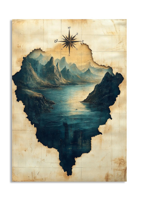 Map of a mountainous landscape with a lake and a compass on a textured background, as a premium aluminum metal print from GoMetalPrint.
