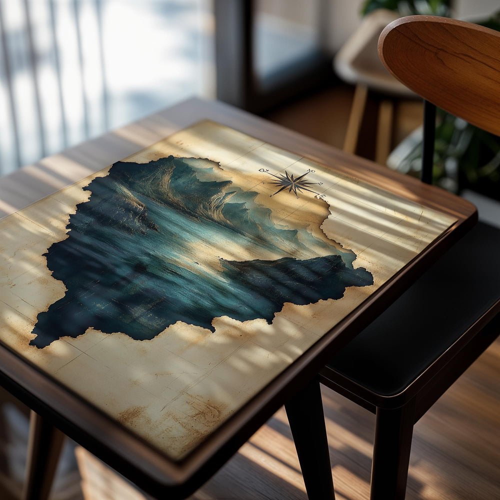 Map of a mountainous landscape with a lake and a compass on a textured background, as a premium aluminum metal print from GoMetalPrint.
