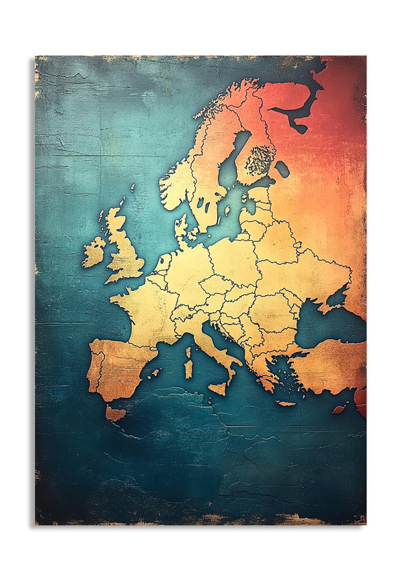 Map of Europe with a textured, multicolored background, as a premium aluminum metal print from GoMetalPrint.
