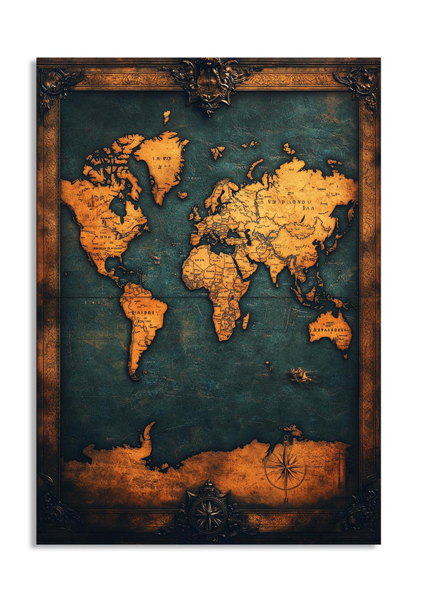 World map poster with vintage design and decorative frame on a white background , as a premium aluminum metal print from GoMetalPrint.

