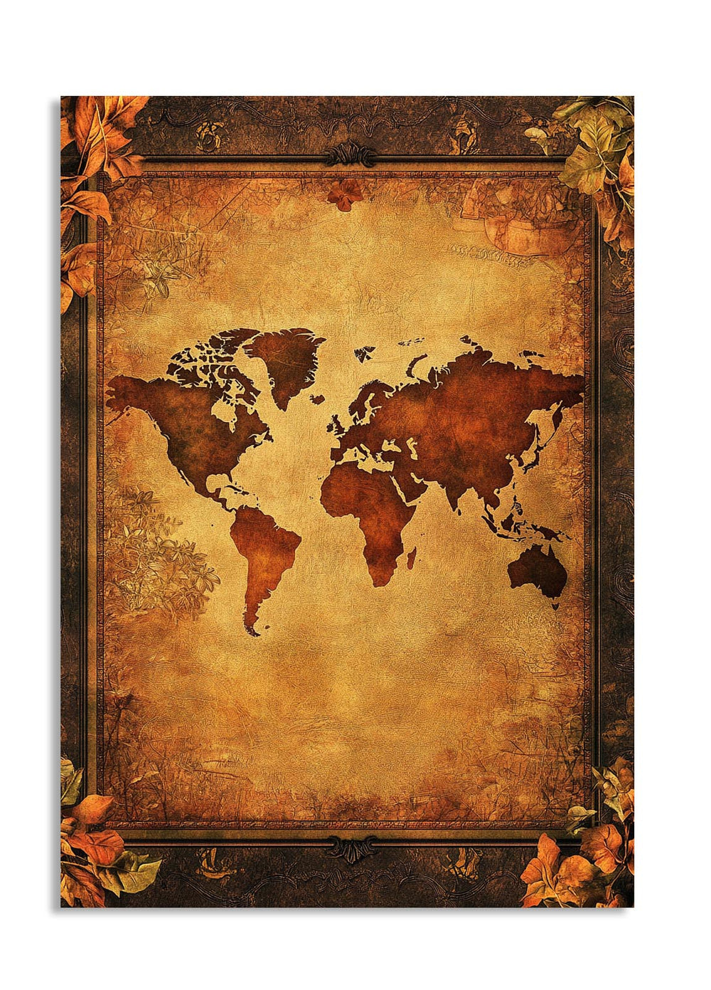 Vintage-style world map with floral elements on a white background, as a premium aluminum metal print from GoMetalPrint.
