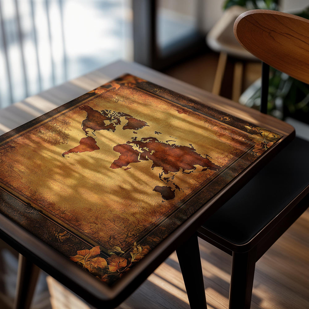 Vintage-style world map with floral elements on a white background, as a premium aluminum metal print from GoMetalPrint.
