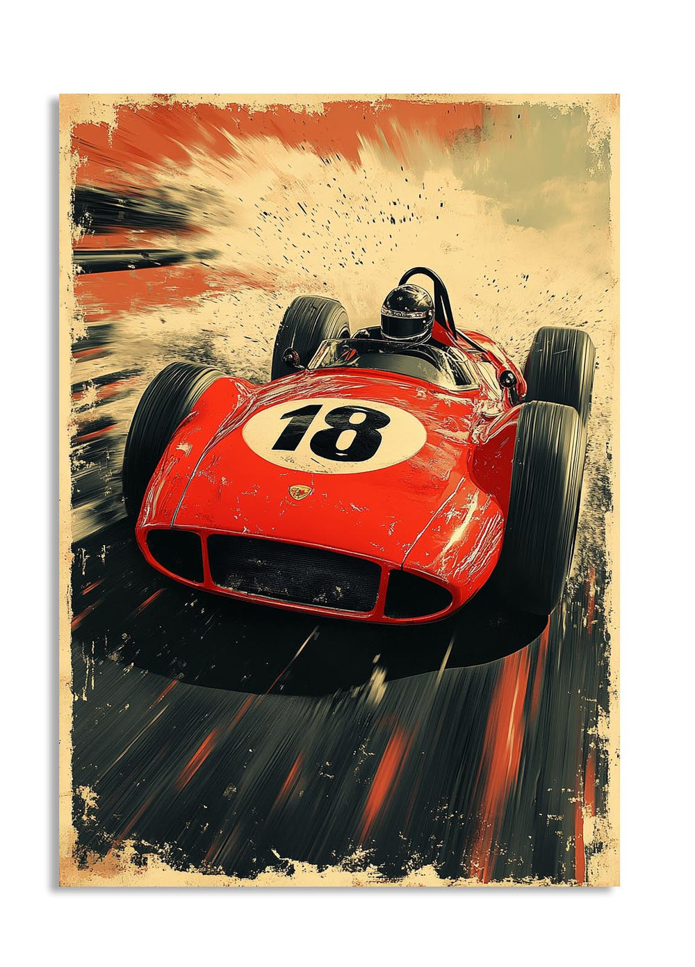 Vintage-style poster of a red racing car with the number 18 on a dynamic background, as a premium aluminum metal print from GoMetalPrint.
