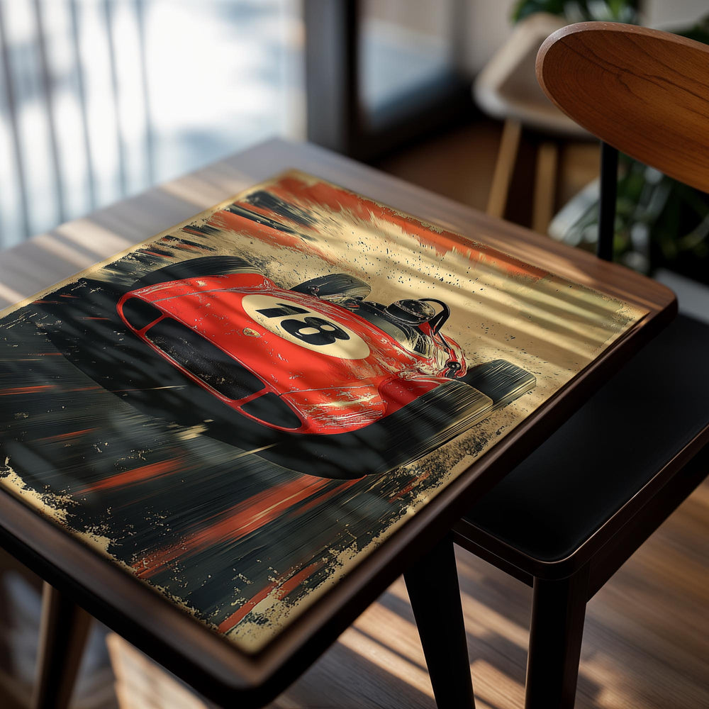 Vintage-style poster of a red racing car with the number 18 on a dynamic background, as a premium aluminum metal print from GoMetalPrint.
