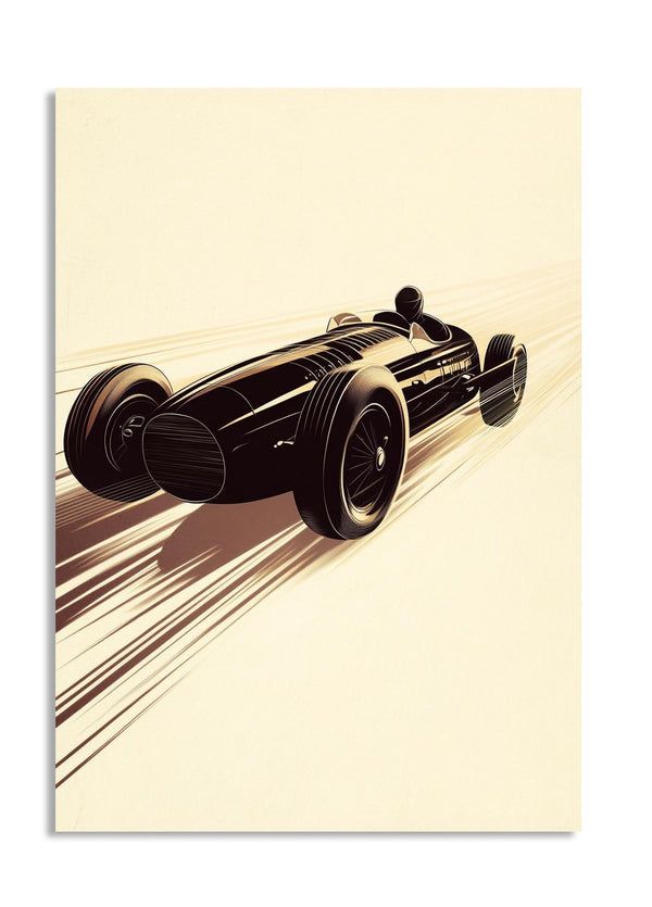 Vintage-style black race car on a beige background, as a premium aluminum metal print from GoMetalPrint.
