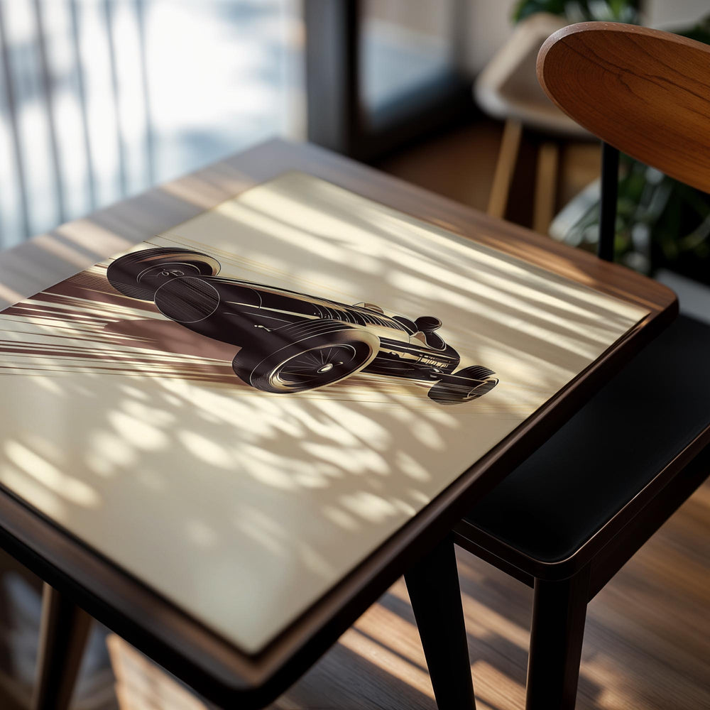 Vintage-style black race car on a beige background, as a premium aluminum metal print from GoMetalPrint.
