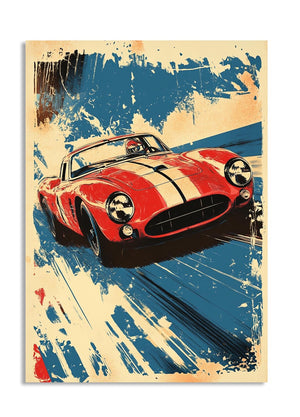 Vintage-style poster of a red sports car with blue and beige background, as a premium aluminum metal print from GoMetalPrint.
