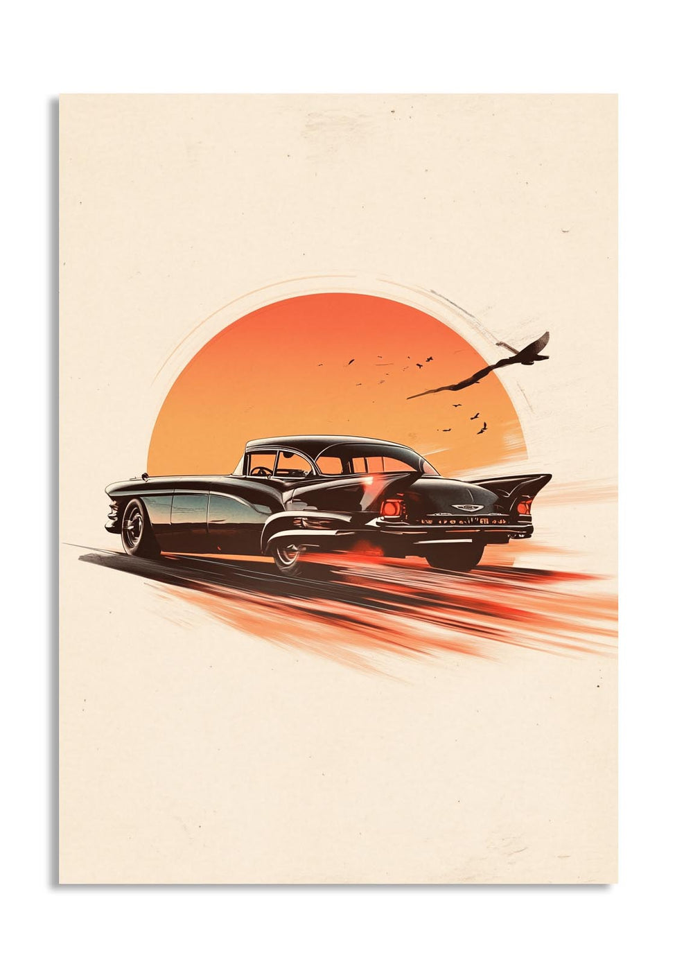 Vintage car on a road with a sunset in the background, as a premium aluminum metal print from GoMetalPrint.
