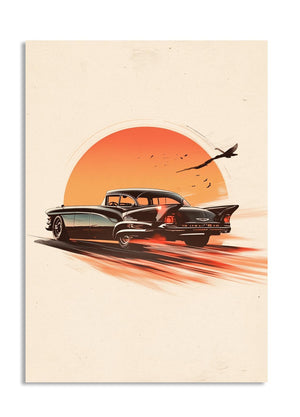 Vintage car on a road with a sunset in the background, as a premium aluminum metal print from GoMetalPrint.
