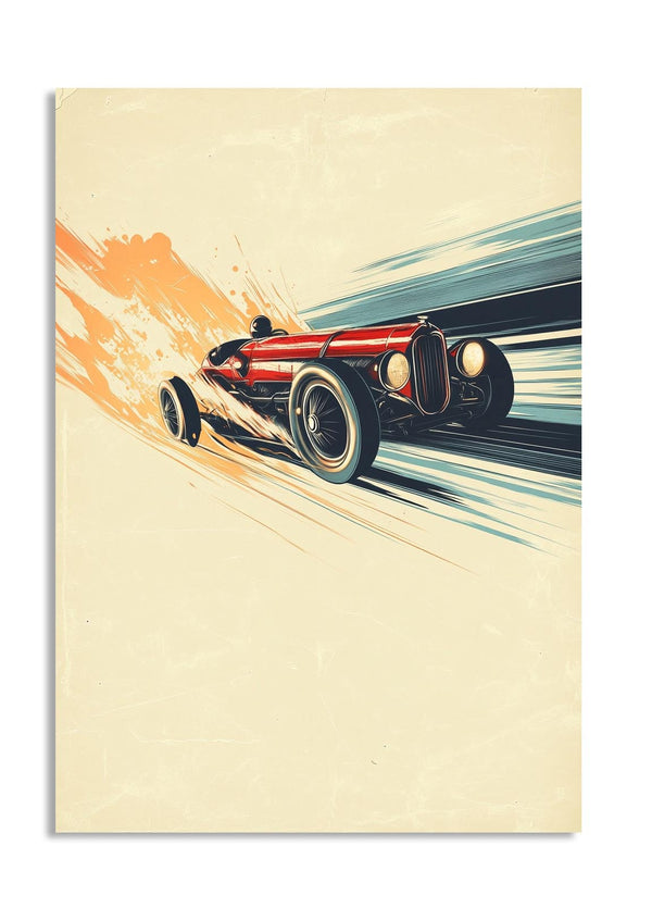 Vintage-style race car on a beige background, as a premium aluminum metal print from GoMetalPrint.
