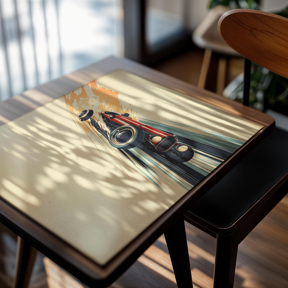 Vintage-style race car on a beige background, as a premium aluminum metal print from GoMetalPrint.
