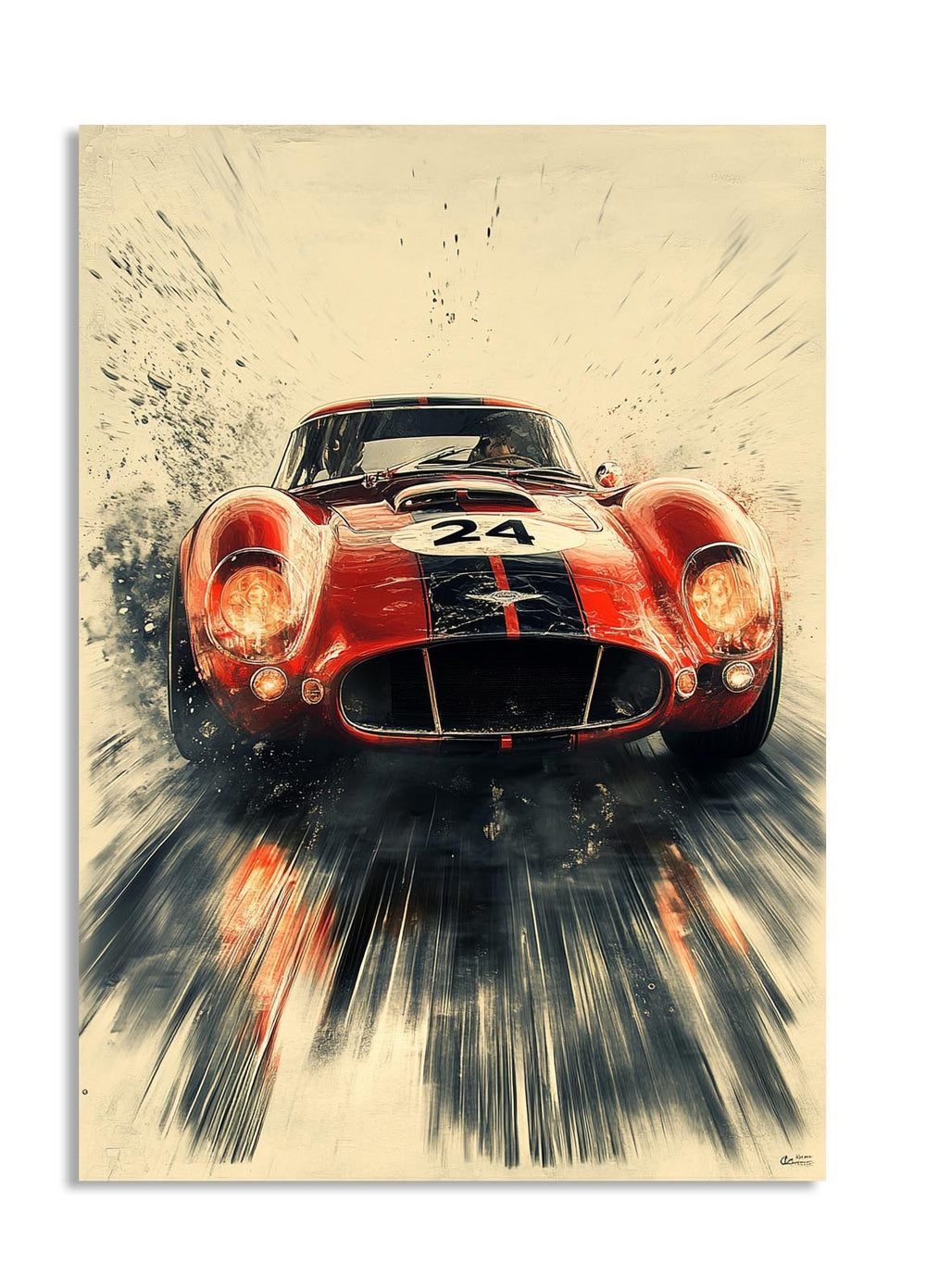 Vintage racing car with number 24 on a dynamic background, as a premium aluminum metal print from GoMetalPrint.
