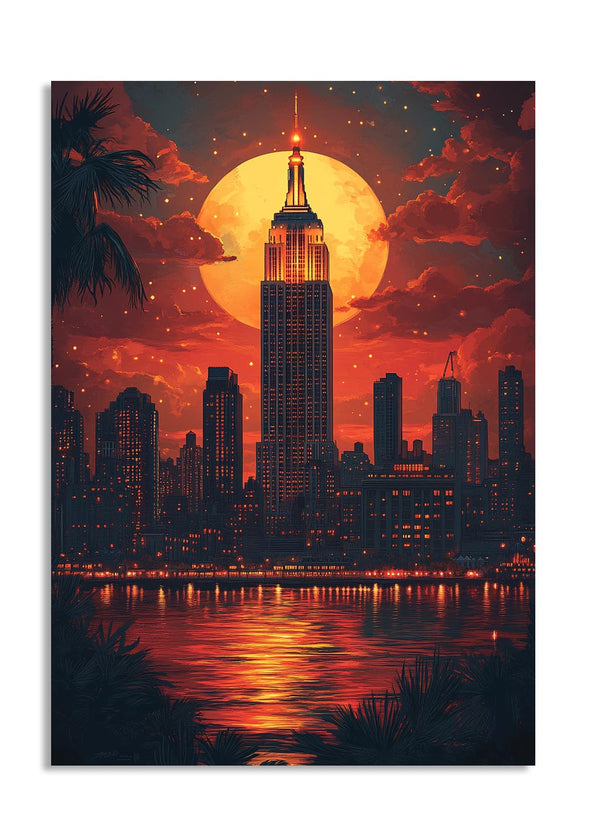 City skyline with a prominent tower under a large moon, reflecting on water, as a premium aluminum metal print from GoMetalPrint.
