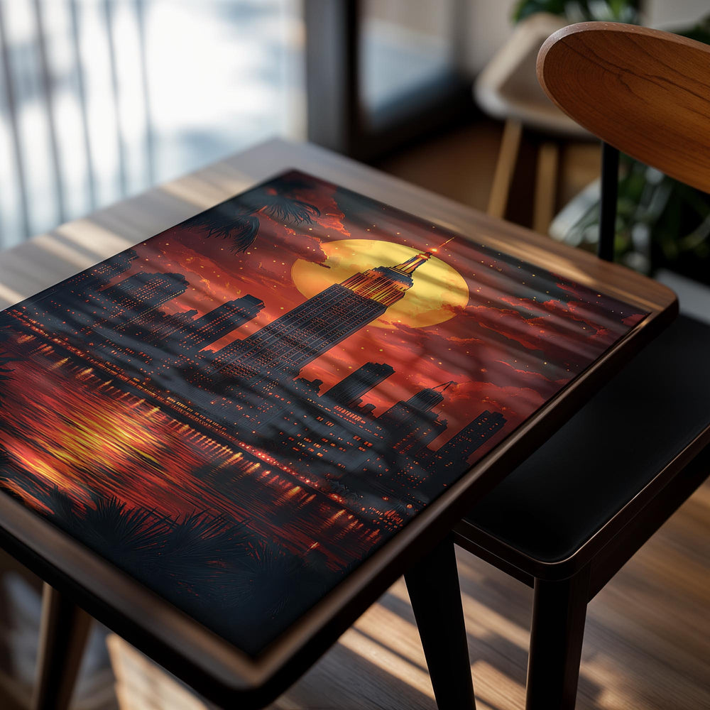 City skyline with a prominent tower under a large moon, reflecting on water, as a premium aluminum metal print from GoMetalPrint.
