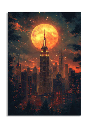 Cityscape with a large orange moon in the sky, as a premium aluminum metal print from GoMetalPrint.
