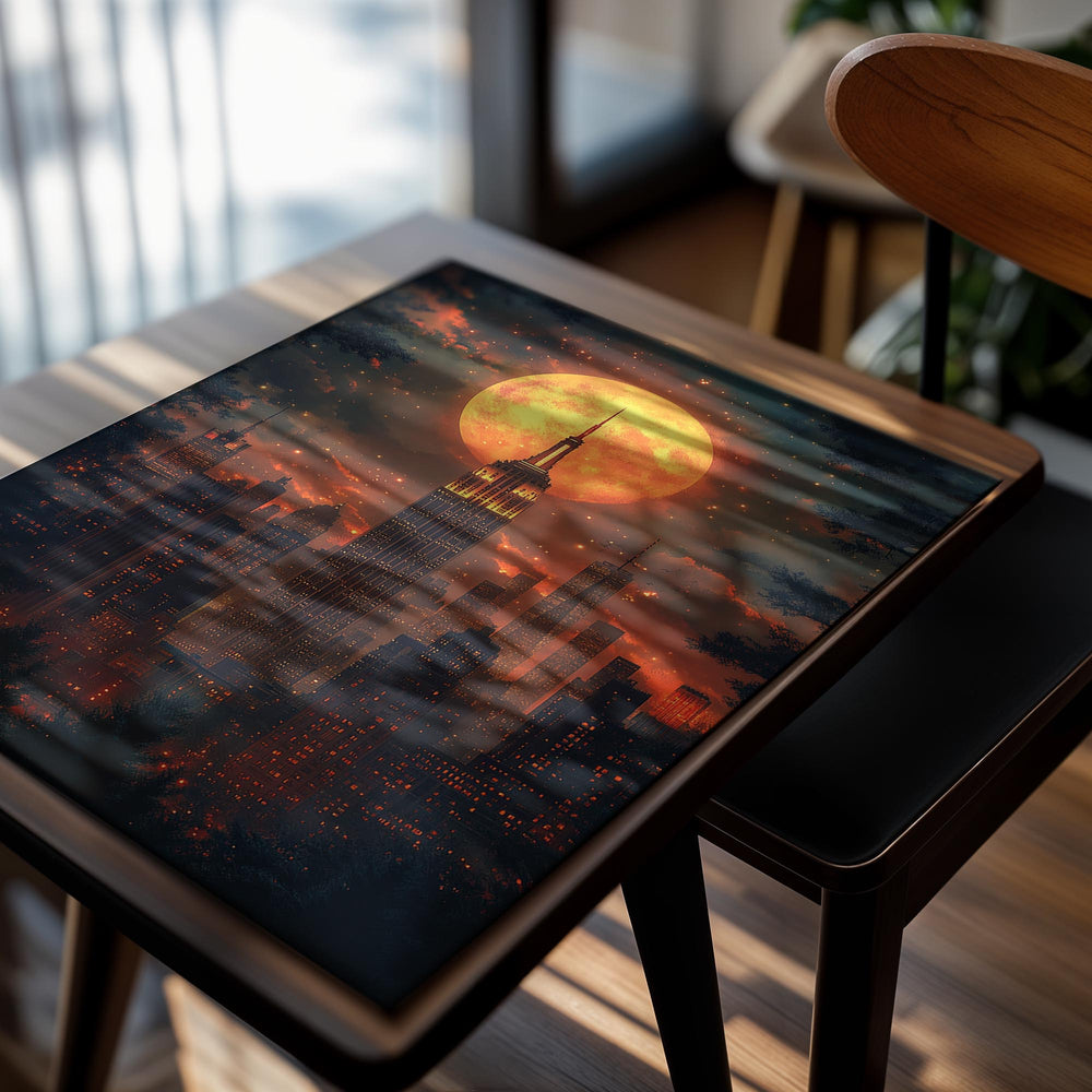 Cityscape with a large orange moon in the sky, as a premium aluminum metal print from GoMetalPrint.
