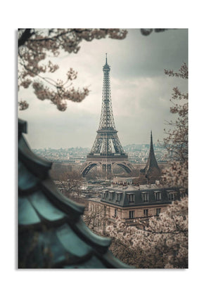 Eiffel Tower view through cherry blossom trees in Paris, as a premium aluminum metal print from GoMetalPrint.
