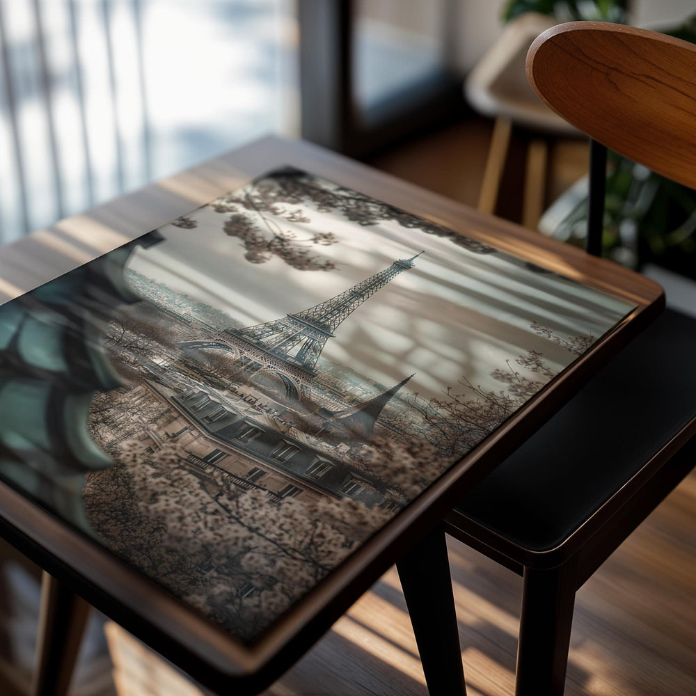 Eiffel Tower view through cherry blossom trees in Paris, as a premium aluminum metal print from GoMetalPrint.
