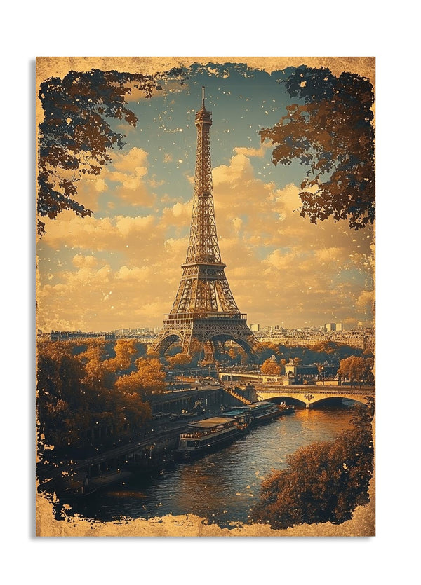 Vintage-style image of the Eiffel Tower with a river and bridge in Paris, as a premium aluminum metal print from GoMetalPrint.
