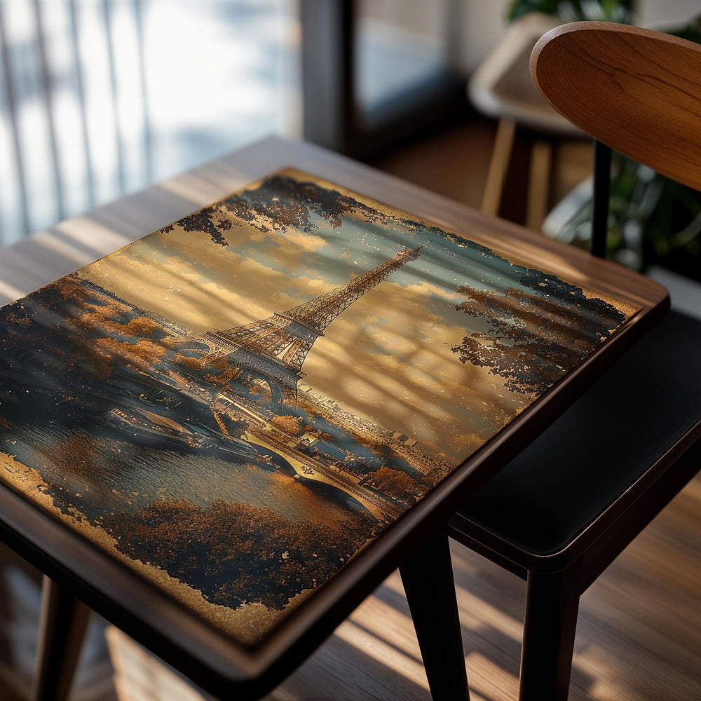 Vintage-style image of the Eiffel Tower with a river and bridge in Paris, as a premium aluminum metal print from GoMetalPrint.
