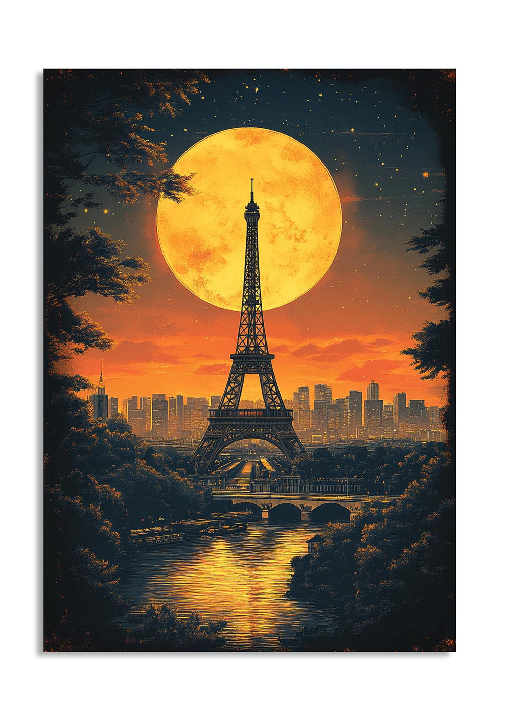 Eiffel Tower under a large moon with city skyline in the background, as a premium aluminum metal print from GoMetalPrint.
