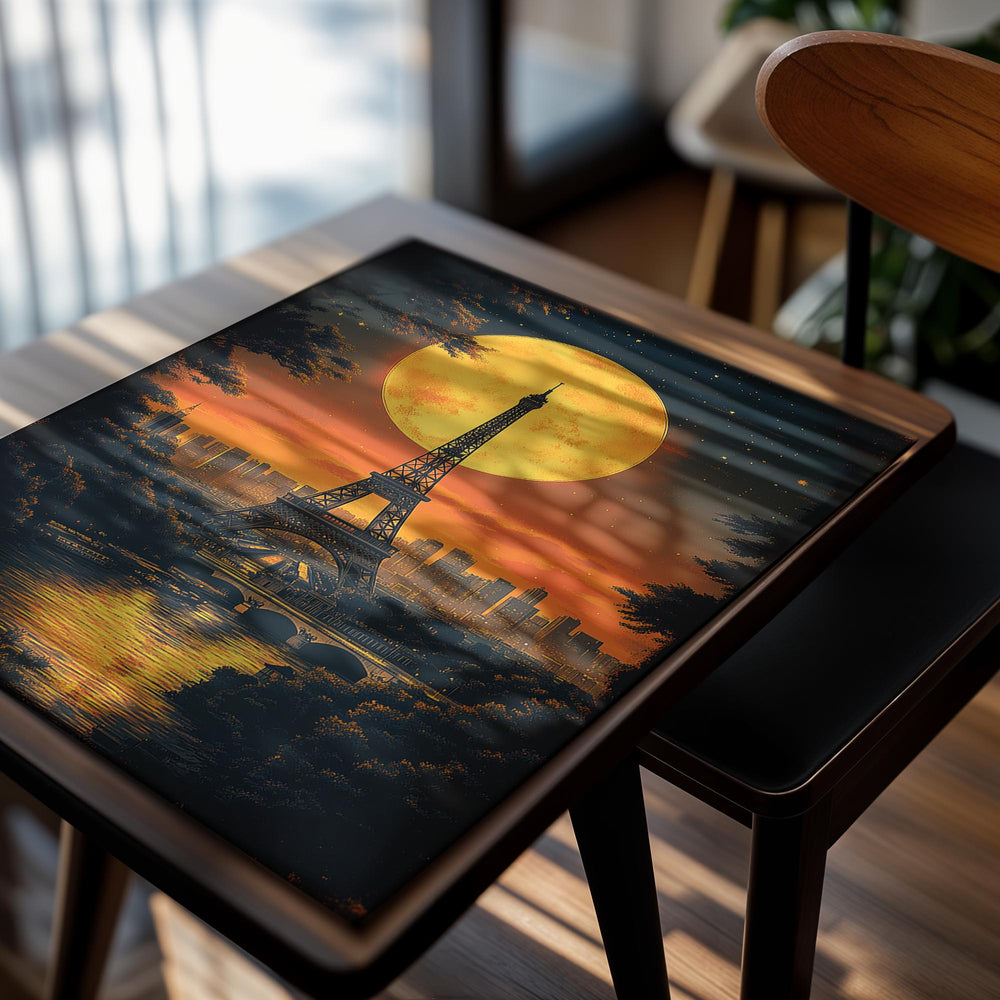 Eiffel Tower under a large moon with city skyline in the background, as a premium aluminum metal print from GoMetalPrint.
