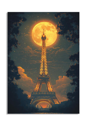 Eiffel Tower illuminated at night with a large moon in the sky, as a premium aluminum metal print from GoMetalPrint.
