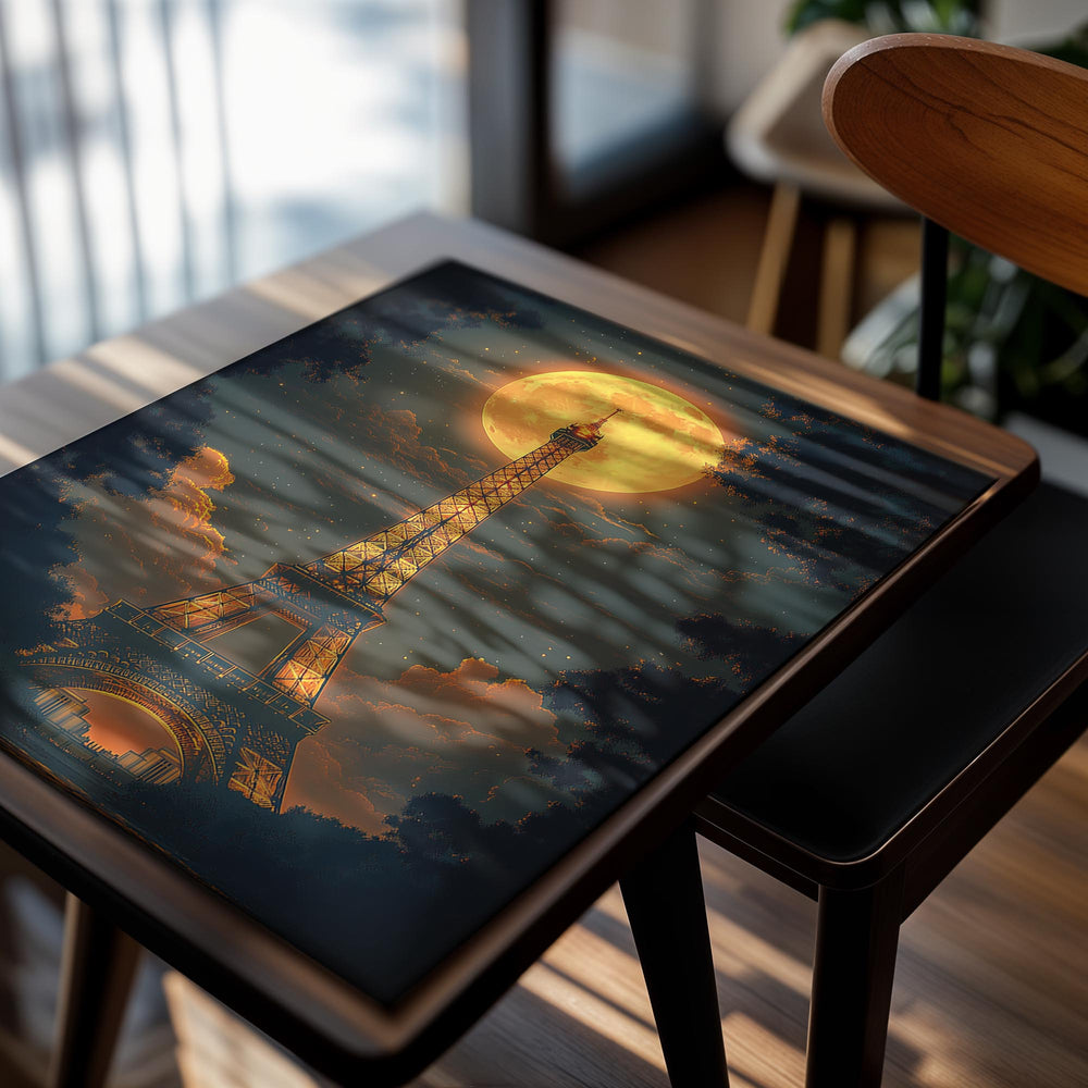 Eiffel Tower illuminated at night with a large moon in the sky, as a premium aluminum metal print from GoMetalPrint.
