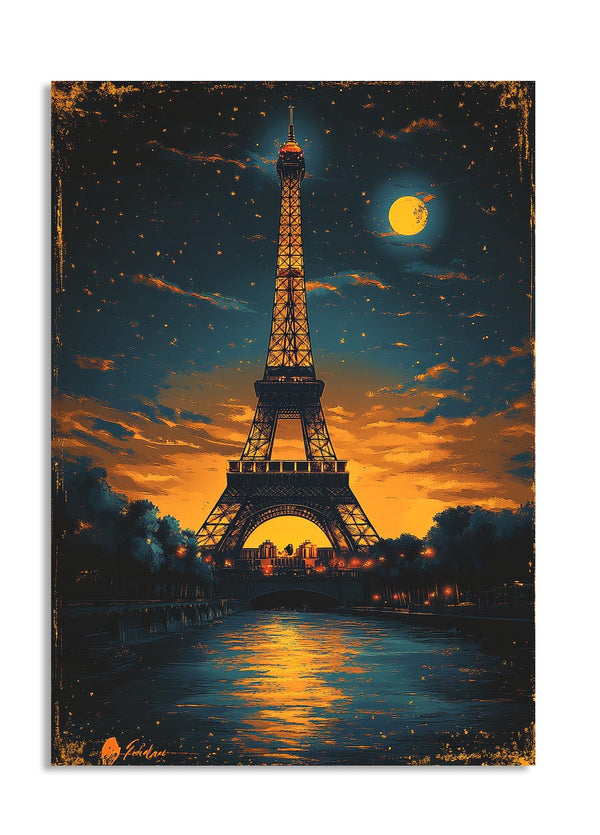 Painting of the Eiffel Tower at night with a full moon and reflective water, as a premium aluminum metal print from GoMetalPrint.
