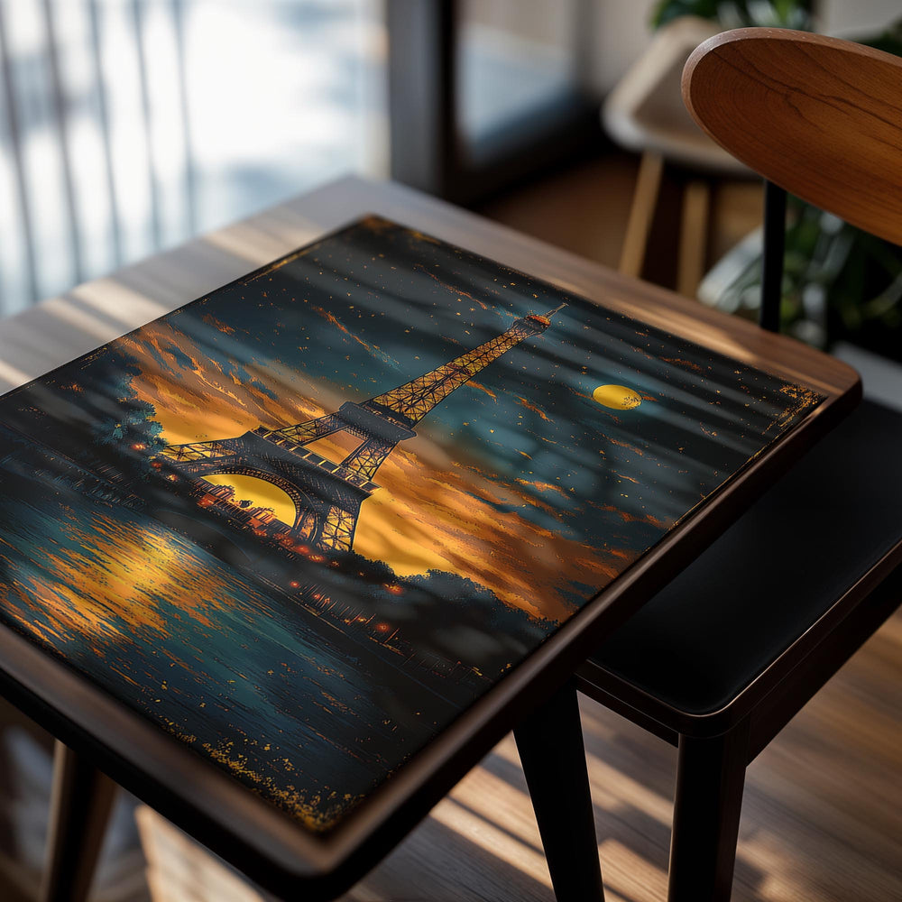 Painting of the Eiffel Tower at night with a full moon and reflective water, as a premium aluminum metal print from GoMetalPrint.
