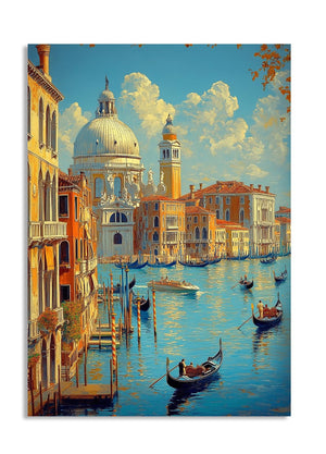 Venetian canal scene with gondolas and buildings in the background, as a premium aluminum metal print from GoMetalPrint.
