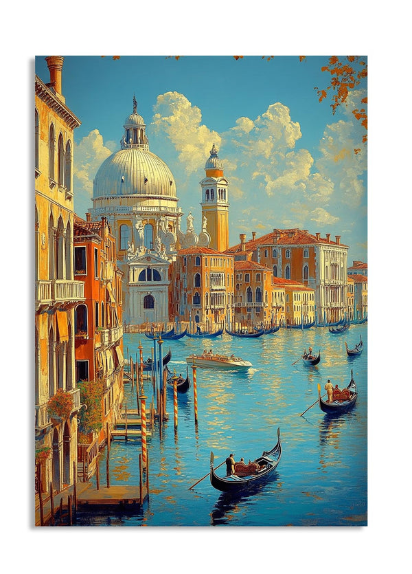 Venetian canal scene with gondolas and buildings in the background, as a premium aluminum metal print from GoMetalPrint.
