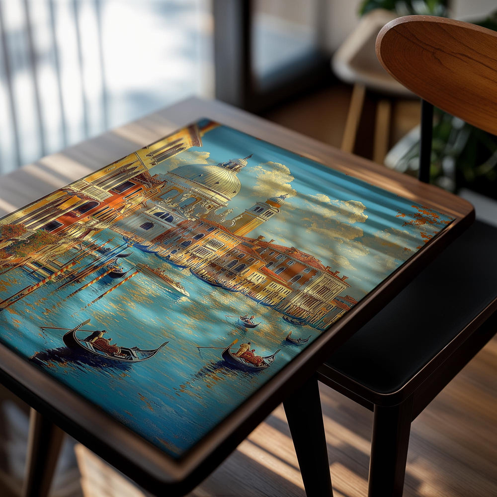 Venetian canal scene with gondolas and buildings in the background, as a premium aluminum metal print from GoMetalPrint.
